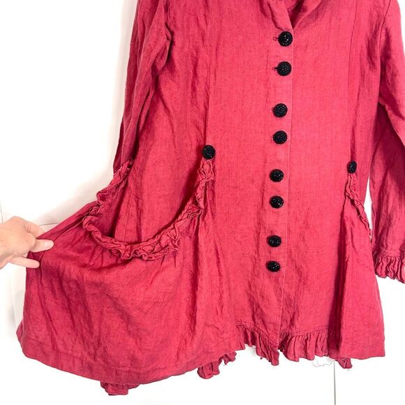 Taylor G Linen Jacket Womens Small Red Button Front Ruffle Trim Lagenlook Coat - Picture 11 of 13